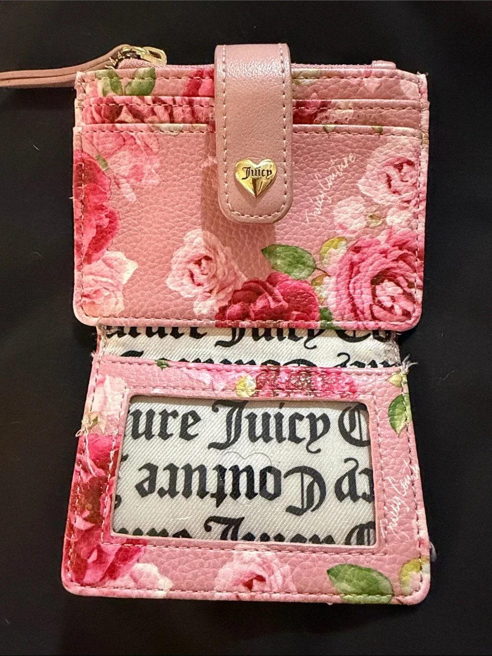 Juicy Couture Pink Floral Heart-Logo Compact Wallet